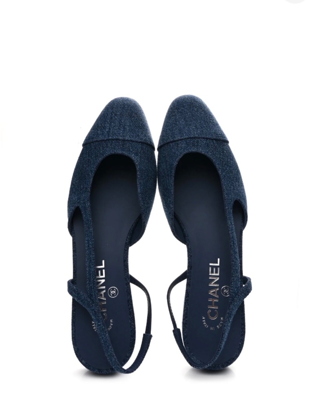 CHANEL Denim Cap Toe CC Slingback Flats 36 Blue
